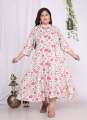 Plus Size White Floral Print Flared Long Kurta-400014