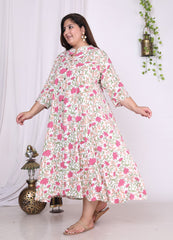 Plus Size White Floral Print Flared Long Kurta-400014