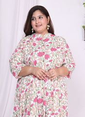 Plus Size White Floral Print Flared Long Kurta-400014