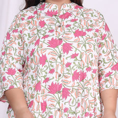 Plus Size White Floral Print Flared Long Kurta-400014