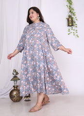 Plus Size Grey Floral Print Flared Long Kurta-400015