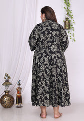 Plus Size Black Floral Print Flared Long Kurta-400016