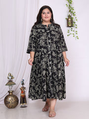 Plus Size Black Floral Print Flared Long Kurta-400016