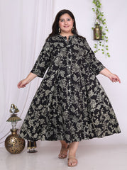 Plus Size Black Floral Print Flared Long Kurta-400016