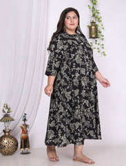 Plus Size Black Floral Print Flared Long Kurta-400016