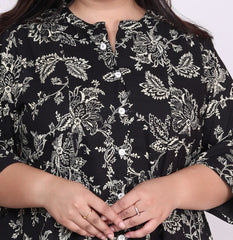 Plus Size Black Floral Print Flared Long Kurta-400016