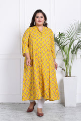 Plus Size Yellow Floral Print Flared Long Kurta-400018