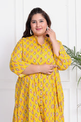 Plus Size Yellow Floral Print Flared Long Kurta-400018