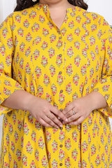 Plus Size Yellow Floral Print Flared Long Kurta-400018