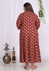 Plus Size Maroon Floral Print Flared Long Kurta-400019