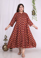 Plus Size Maroon Floral Print Flared Long Kurta-400019