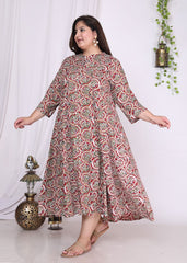Plus Size Red Floral Print Flared Long Kurta-400020