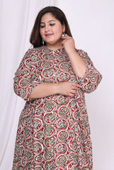 Plus Size Red Floral Print Flared Long Kurta-400020