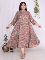 Plus Size Red Floral Print Flared Long Kurta-400020