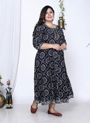 Embroidered Plus Size Black Bandhani Print Flared Long Kurta-400023