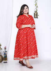 Plus Size Red Bandhani Print Flared Long Kurta-400024