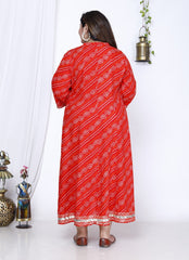 Plus Size Red Bandhani Print Flared Long Kurta-400024