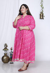 Plus Size Pink Bandhani Print Flared Long Dress -400025