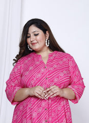 Plus Size Pink Bandhani Print Flared Long Dress -400025