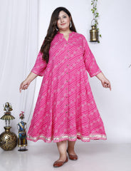 Plus Size Pink Bandhani Print Flared Long Dress -400025