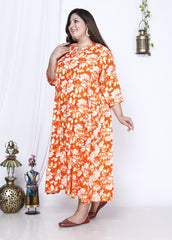 Plus Size Orange Print Flared Long Kurta-400026