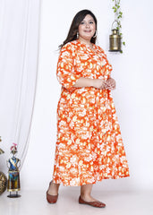 Plus Size Orange Print Flared Long Kurta-400026