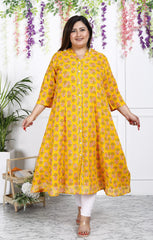 Plus Size Yellow Floral Print Flared Long Kurta-400028