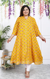 Plus Size Yellow Floral Print Flared Long Kurta-400028