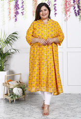 Plus Size Yellow Floral Print Flared Long Kurta-400028
