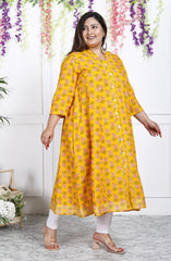 Plus Size Yellow Floral Print Flared Long Kurta-400028