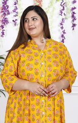 Plus Size Yellow Floral Print Flared Long Kurta-400028