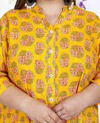 Plus Size Yellow Floral Print Flared Long Kurta-400028
