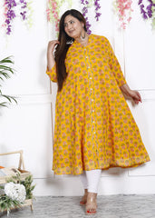 Plus Size Yellow Floral Print Flared Long Kurta-400028