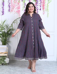 Plus Size Blue Cotton Blend Floral Print A-line Gown-400029