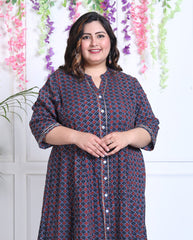 Plus Size Blue Cotton Blend Floral Print A-line Gown-400029