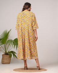 Plus Size Yellow Floral Print Flared Long Kurta-400030