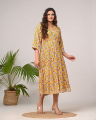 Plus Size Yellow Floral Print Flared Long Kurta-400030
