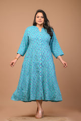 Plus Size Blue Floral Print Flared Long Kurta-400033