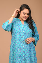 Plus Size Blue Floral Print Flared Long Kurta-400033