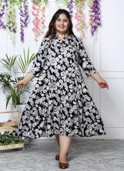 Plus Size Black Floral Print Flared Long Kurta-400035