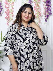 Plus Size Black Floral Print Flared Long Kurta-400035