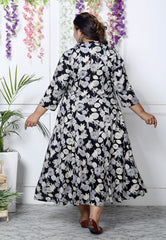 Plus Size Black Floral Print Flared Long Kurta-400035