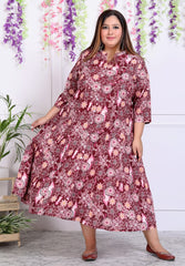 Plus Size Maroon Cotton Blend  Printed Aline Kurta-400036