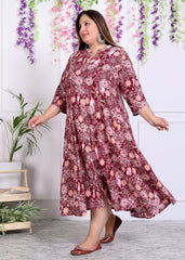 Plus Size Maroon Cotton Blend  Printed Aline Kurta-400036