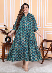 Plus Size Green Floral Print Flared Long Kurta-400039