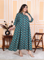 Plus Size Green Floral Print Flared Long Kurta-400039