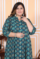 Plus Size Green Floral Print Flared Long Kurta-400039