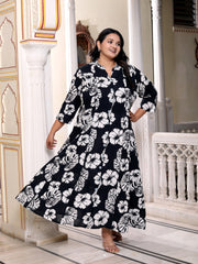 Plus Size Black Cotton Blend Floral Print A-line Gown-400041