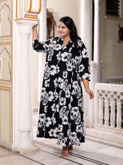 Plus Size Black Cotton Blend Floral Print A-line Gown-400041