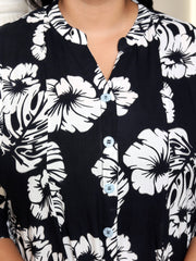 Plus Size Black Cotton Blend Floral Print A-line Gown-400041